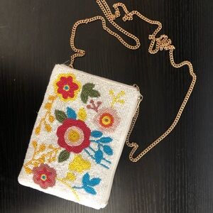 Jane Marie Beaded Floral Crossbody Bag White Gold Chain Strap Small Pouch Boho